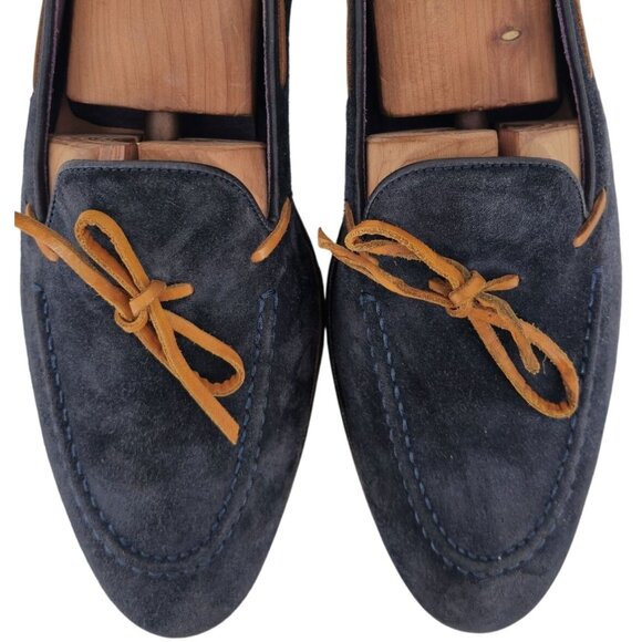 Carmina Shoemaker Mens size 9.5 Navy Blue Suede Dress Shoes Bow Loafers Slip-ons